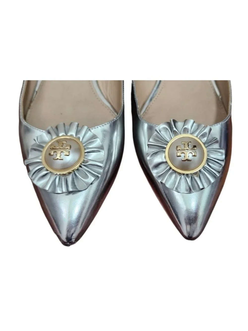 Tory Burch Silver Metallic Leather Pointed Toe Logo Ballet Flats Women's 10.5M